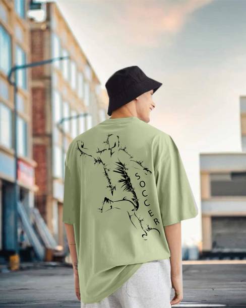 BUKKL Men Printed Round Neck Pure Cotton Light Green T-Shirt