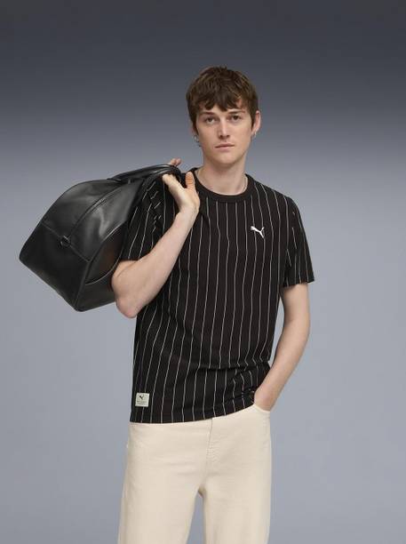Men Striped Crew Neck Cotton Blend Black T-Shirt