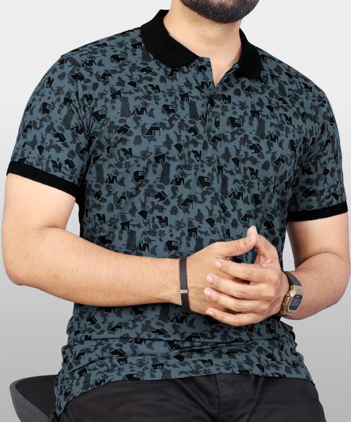 VeBNoR Men Printed Polo Neck Polyester Grey T-Shirt