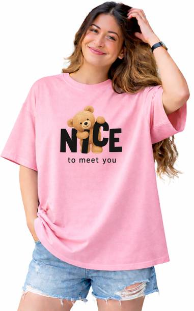Women Printed Round Neck Cotton Blend Pink T-Shirt