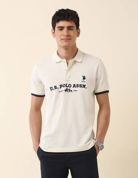 Men Graphic Print Polo Neck Pure Cotton White T-Shirt