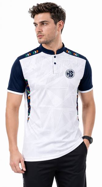 Men Graphic Print, Printed, Abstract, Geometric Print, Sporty Mandarin Collar Polyester White, Blue T-Shirt
