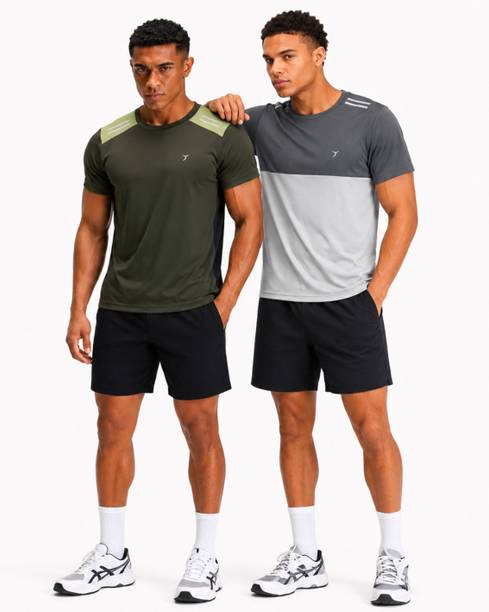 Pack of 2 Men Colorblock Round Neck Polyester Dark Green, Grey T-Shirt