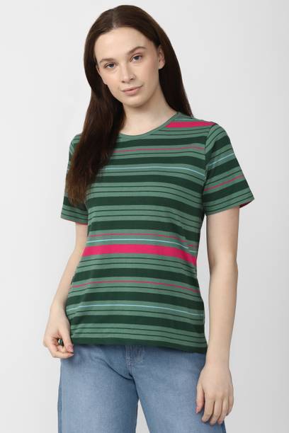 Women Striped Round Neck Pure Cotton Light Green T-Shirt