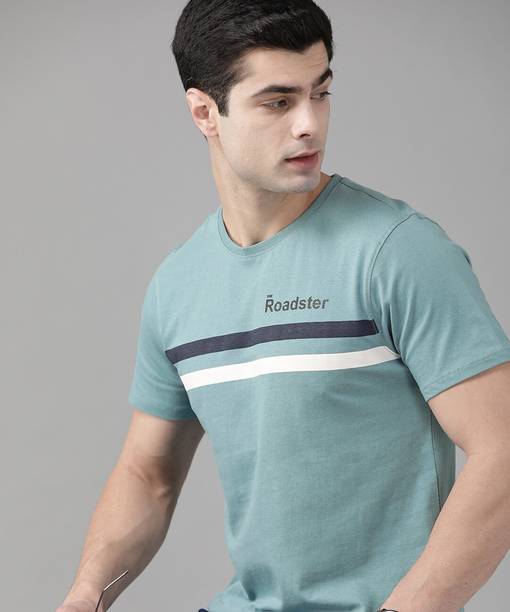 Roadster Men Striped Round Neck Pure Cotton Blue T-Shirt