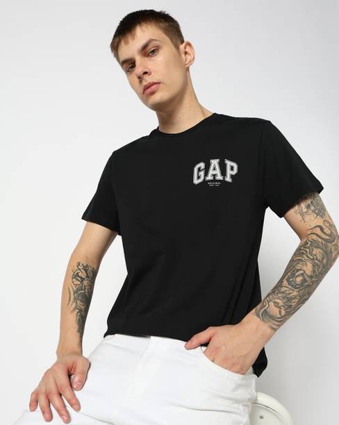 GAP Men Printed Crew Neck Pure Cotton Black T-Shirt