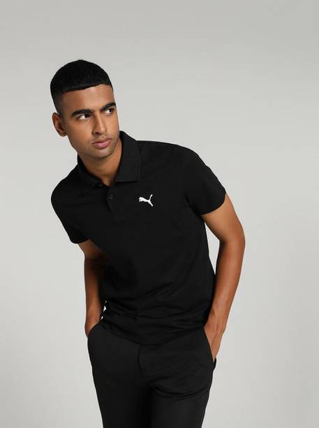 ESS Logo M Men Solid Polo Neck Pure Cotton Black T-Shirt