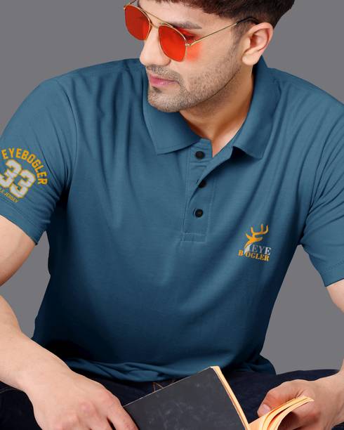 EyeBogler Men Printed Polo Neck Cotton Blend Blue T-Shirt