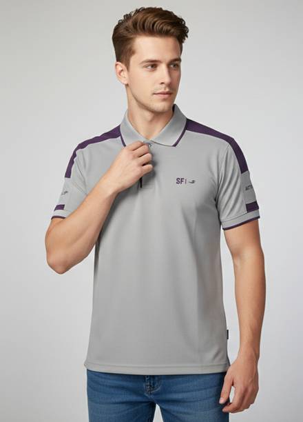 Men Colorblock Polo Neck Polyester Grey T-Shirt