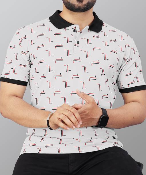 VeBNoR Men Printed Polo Neck Polyester White T-Shirt