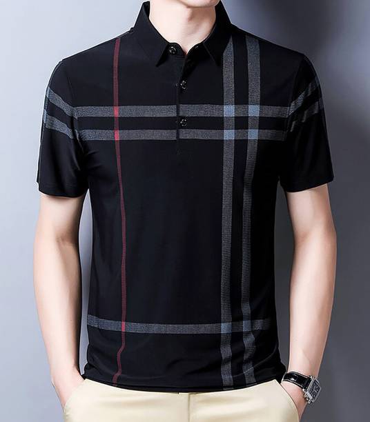 AUSK Men Striped Polo Neck Cotton Blend Black, Grey T-Shirt