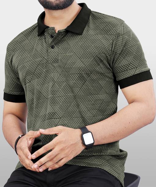 Men Printed Polo Neck Poly Cotton Green T-Shirt