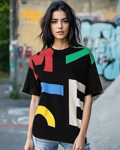 Oversized Women Printed Round Neck Pure Cotton Black T-Shirt