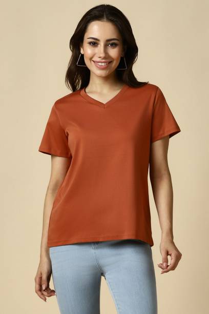 Women Solid V Neck Cotton Blend Brown T-Shirt