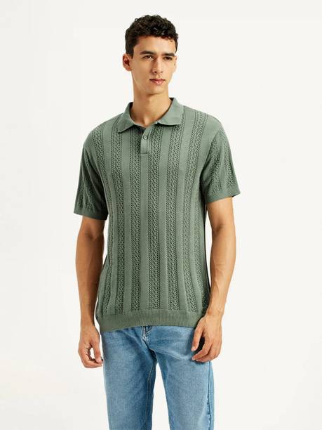 LEVI'S Men Self Design Polo Neck Pure Cotton Green T-Shirt