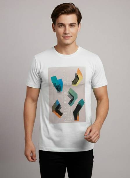 Men Graphic Print Round Neck Cotton Blend White T-Shirt