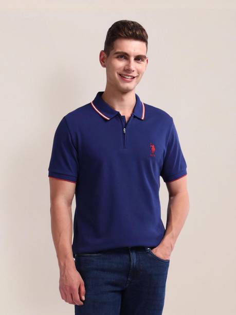 Men Striped Polo Neck Pure Cotton Navy Blue T-Shirt