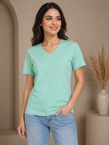 Adyavastram Solid Women V Neck Light Green T-Shirt