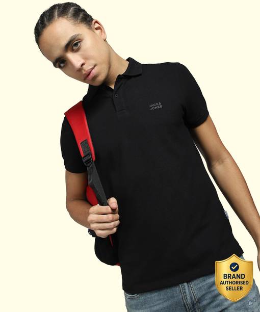 JACK & JONES Men Solid Polo Neck Cotton Blend Black T-Shirt