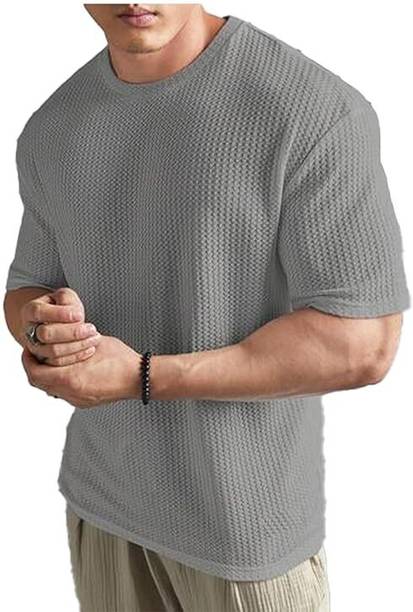 Men Solid Crew Neck Polyester Grey T-Shirt