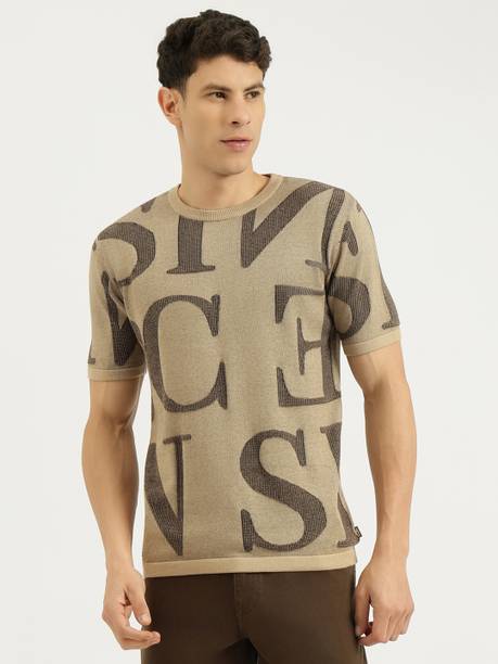 Men Typography Round Neck Pure Cotton Brown T-Shirt