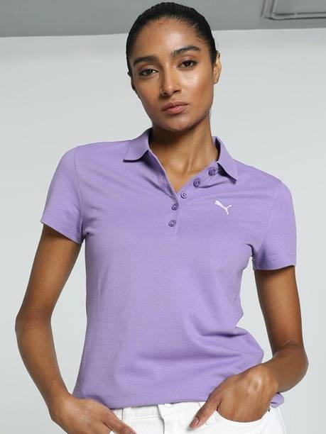 ESS Logo W Women Solid Polo Neck Pure Cotton Purple T-Shirt