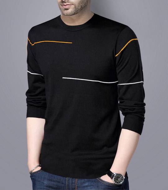 Reya Men Striped Round Neck Cotton Blend Black T-Shirt
