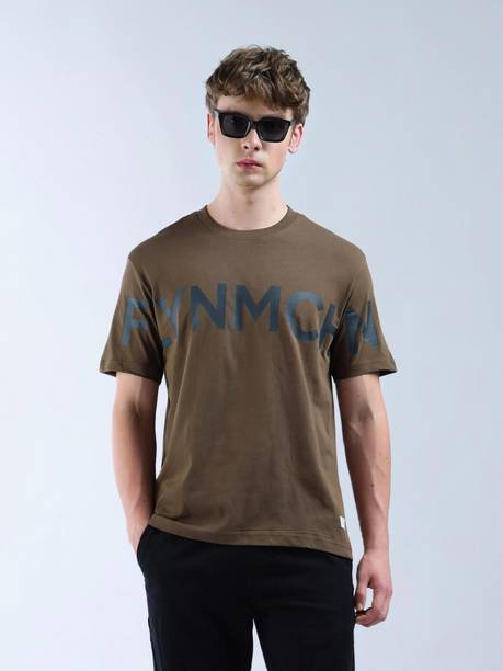 Men Graphic Print Round Neck Pure Cotton Brown T-Shirt