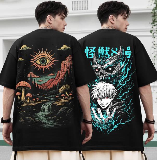 Pack of 2 Men Printed Round Neck Cotton Blend Black T-Shirt