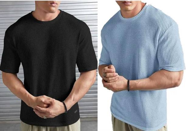 BOOM BAAM Self Design Men Round Neck Black, Light Blue T-Shirt