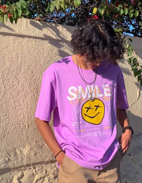 Men Printed Round Neck Pure Cotton Purple T-Shirt