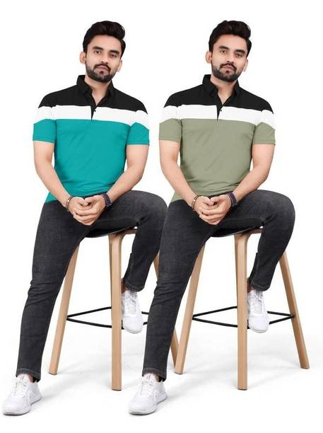 Pack of 2 Men Colorblock Polo Neck Cotton Blend Green, Dark Green T-Shirt