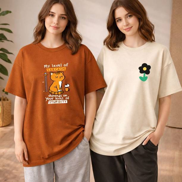 Pack of 2 Women Graphic Print, Typography Round Neck Cotton Blend Brown, Beige T-Shirt