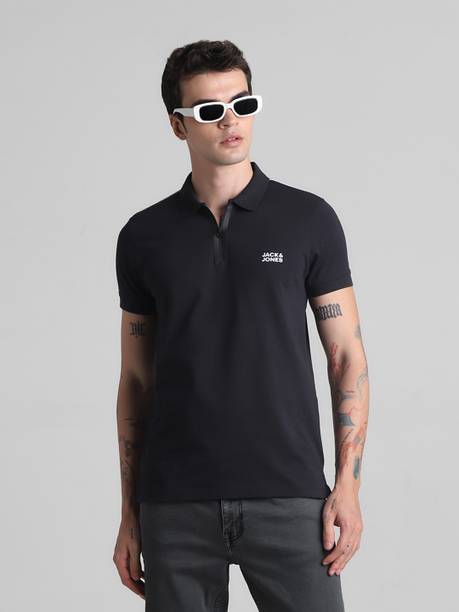 JACK & JONES Men Solid Polo Neck Cotton Blend Black T-Shirt
