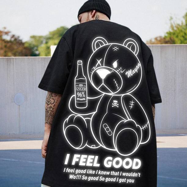 Men Printed, Typography Round Neck Cotton Blend Black T-Shirt