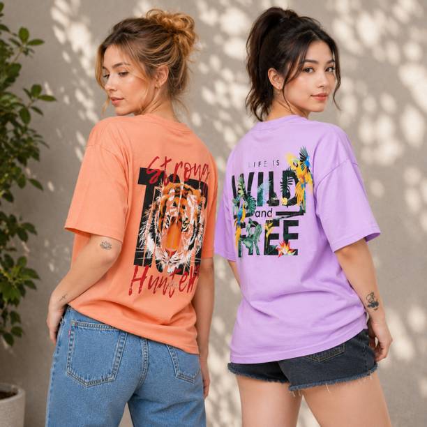 Pack of 2 Women Printed Round Neck Cotton Blend Multicolor, Orange T-Shirt
