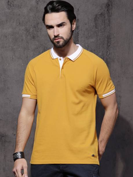 Men Colorblock Polo Neck Pure Cotton Yellow T-Shirt Price in India