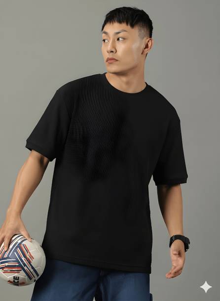 Men Self Design Round Neck Polycotton Black T-Shirt