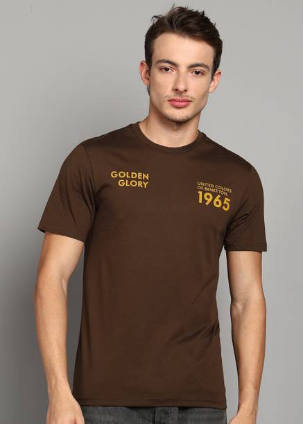 Men Printed Round Neck Cotton Blend Brown T-Shirt