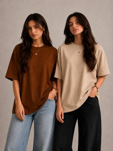 Pack of 2 Women Solid Round Neck Cotton Blend Beige, Brown T-Shirt