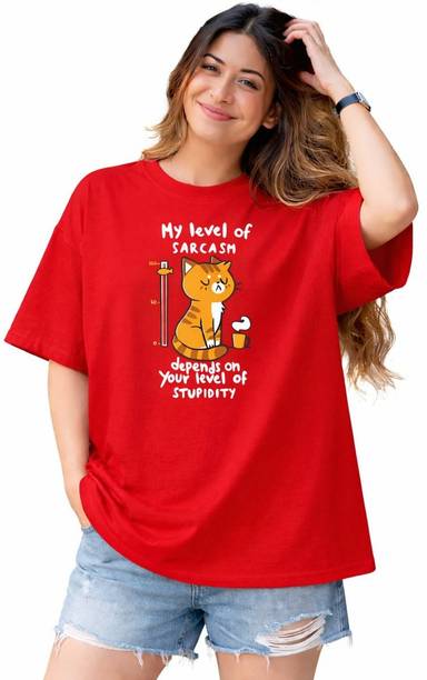 Women Graphic Print Round Neck Cotton Blend Red T-Shirt