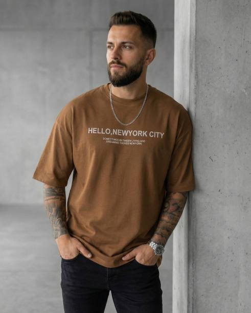 Men Typography Round Neck Polycotton Brown T-Shirt