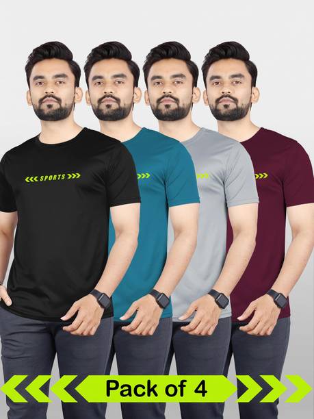Pack Of 4 Men Solid Round Neck Polyester Black, Blue,
