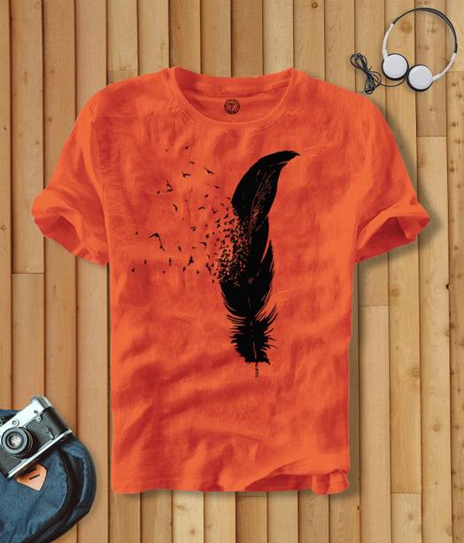 Men Printed Round Neck Cotton Blend Orange T-Shirt
