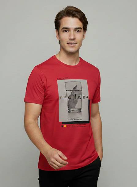 Men Graphic Print Round Neck Cotton Blend Red T-Shirt
