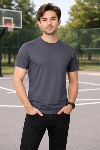 Moda Rapido Men Self Design, Solid Round Neck Polyester Grey T-Shirt