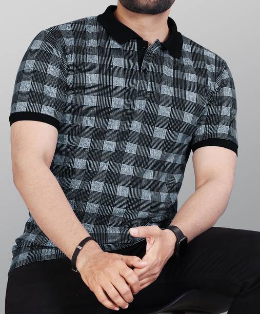 Men Checkered Polo Neck Poly Cotton Grey T-Shirt