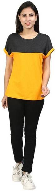 Casual Regular Sleeves Solid Women Black, Yellow Top