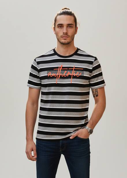 Men Striped Round Neck Cotton Blend Grey T-Shirt