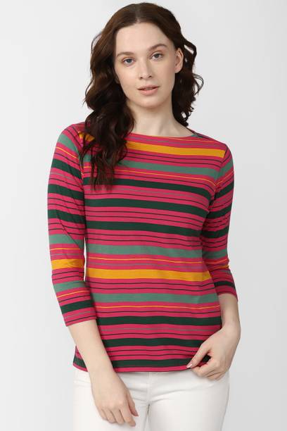 Women Striped Boat Neck Pure Cotton Pink T-Shirt